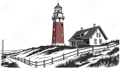 Lighthouse House Coastal Scene Black and White Illustration Nautical Maritime Seascape Graphic Design Vector Art Beach House Ocean View Cliffside Dune Landscape Wooden Fence Path T.