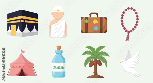 Vector Icons Set of Hajj and Umrah Islamic Pilgrimage Icons and Symbols. Vector Illustrations. EPS Editable