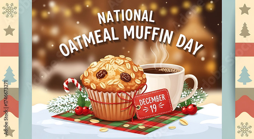 oatmeal muffin with christmas ornaments, holiday background, warm lighting, photorealistic, 8k, detailed, highly detailed, intricate

