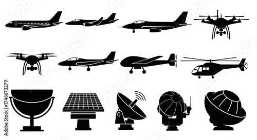 Vector Icons Set of military aircraft drone and radar silhouettes. EPS Editable