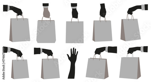 Vector Icons Set of isolated hands holding blank grey paper shopping bags. EPS Editable