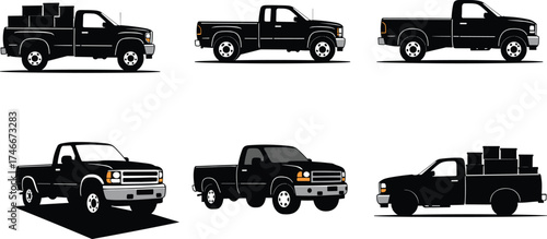 Black pickup truck vector set with cargo boxes, barrels, empty beds, side view illustrations, transport, logistics, automotive industry design