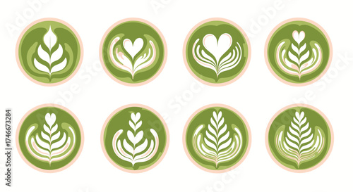 Vector Icons Set of matcha green tea latte art designs top view watercolor illustration. Vector Illustrations. EPS Editable