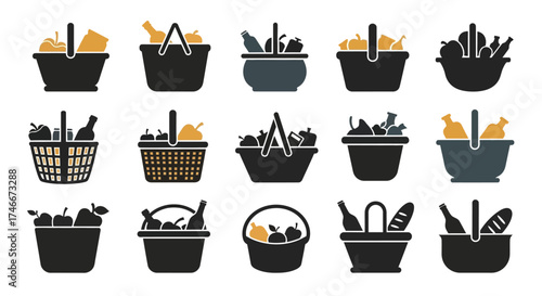 Vector Icons Set of picnic basket silhouette icons with food and drinks. EPS Editable