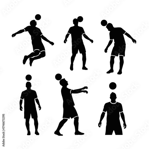 Vector Icons Set of six soccer player silhouettes heading the ball. EPS Editable