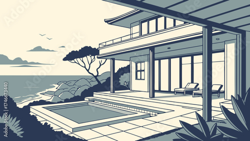 Modern Coastal Home with Pool and Ocean View Architectural Illustration.
