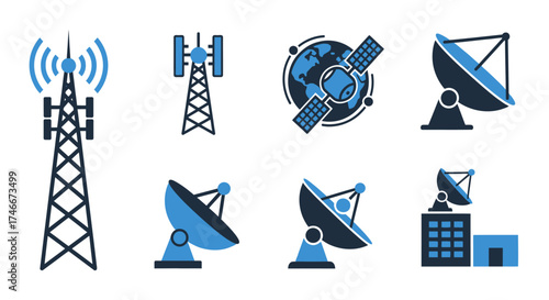 Vector Icons Set of Telecommunication Technology Icon Set with Towers and Satellites. EPS Editable
