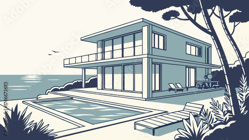 Modern Seaside House with Pool and Ocean View Architectural Illustration Coastal Home Design.