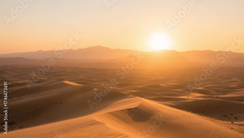 Fototapeta Naklejka Na Ścianę i Meble -  Sunset over vast sand dunes in a desert landscape with distant mountains