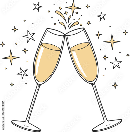 Champagne Toast Celebration with Sparkling Stars – Festive Cheers Illustration