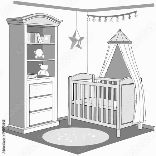 Nursery Room Interior Design Baby Crib Bookcase and Decor Illustration.