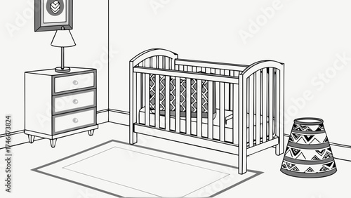 Nursery room interior design crib baby furniture room decor black and white illustration.