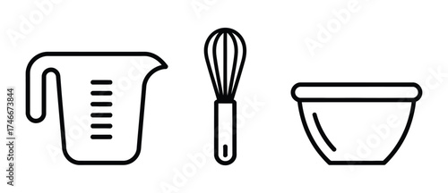 Get cooking with this minimalist icon set of a measuring cup, whisk, and mixing bowl, perfect for baking blogs and recipe websites, inspiring culinary creativity