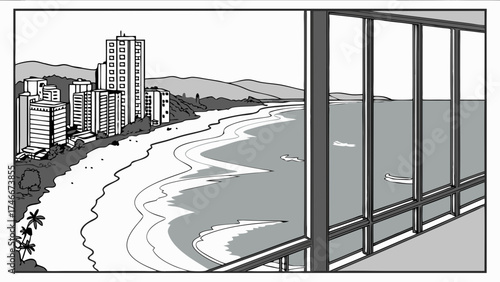 Ocean View from a Balcony Coastal Cityscape Illustration in Black and White.