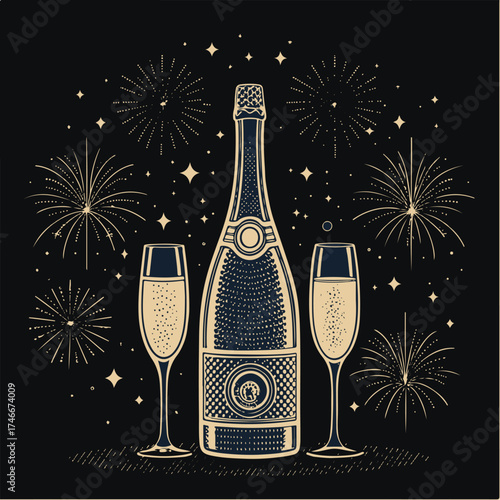 Elegant Champagne Bottle and Glasses with Fireworks – Vintage Celebration Vector Illustration