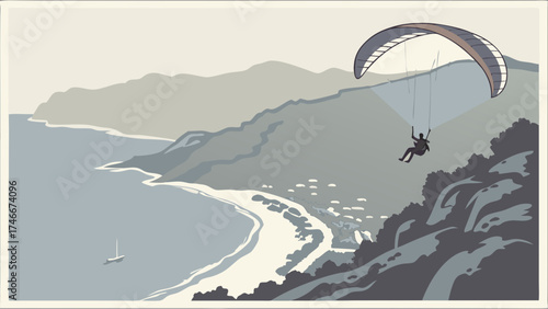 Paragliding over coastal mountains and ocean aerial view adventure extreme sports illustration.