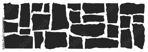 Paper with rip edge. Black rough shape. Vector strip, piece of torn rip paper. Cut collage background. Rectangle label with tear edge. Grunge jagged old banner. Frame patch square tag bg. Scratch set