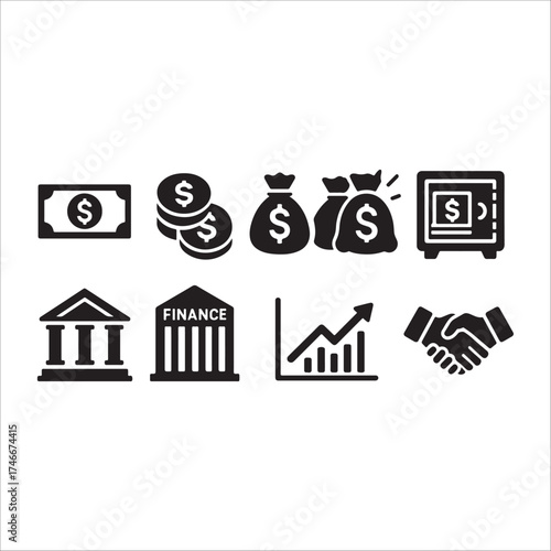 This image depicts a collection of financial icons. It includes a banknote, coins, money bags, a safe, a bank, a building labeled "Finance", a rising graph, and a handshake. These icons represent 