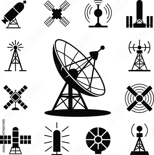 Satellite communication antenna, radar dish, wireless signal tower, data transmission technology, global network connection, telecommunication infrastructure, signal broadcasting, satellite 