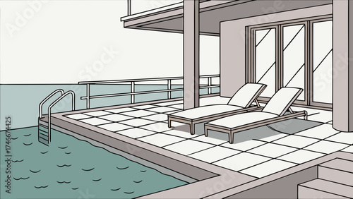 Relaxing Poolside View Luxury Villa Illustration with Lounge Chairs and Infinity Pool.