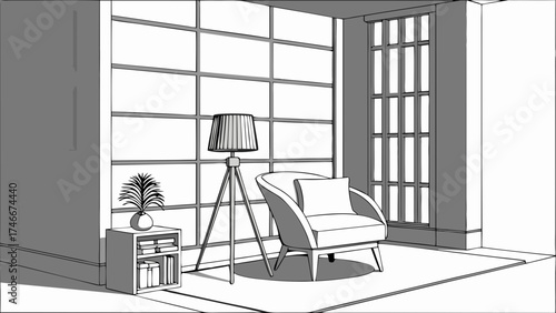 Relaxing Room Interior Design with Modern Armchair and Floor Lamp near Window.