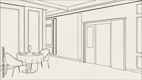 Restaurant Interior Design Sketch Table for Two Elegant Dining Room Architectural Drawing Line Art Modern Decor Simple Outline Minimalist Style Clean Lines Interior Architecture Illustra.