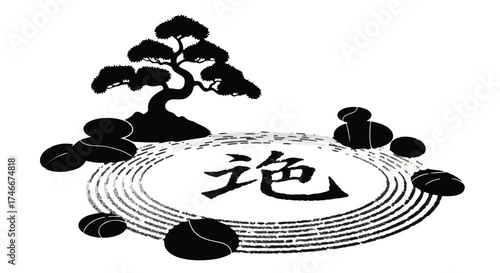 Serene Zen garden with bonsai tree, stones, and calming ripple design