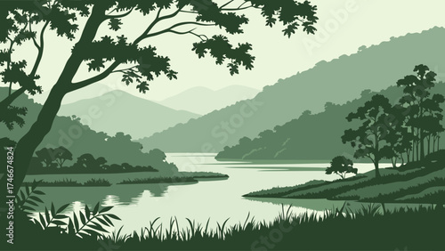 Serene River Landscape with Lush Green Foliage and Rolling Hills Nature Illustration for Background or Design.