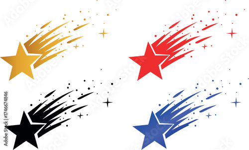 Four colorful shooting stars with streaks and sparkles on a white background