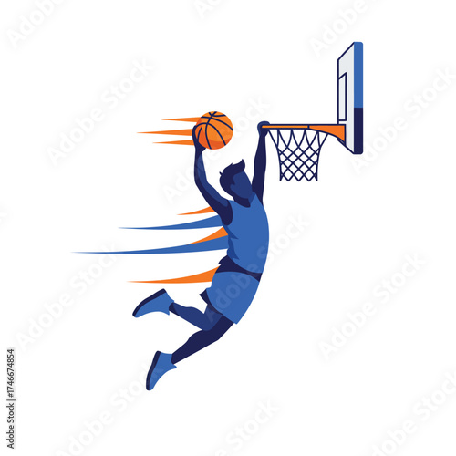 Dynamic vector illustration captures a basketball player in mid-air, powerfully performing a slam dunk, symbolizing speed, agility, and athletic prowess.