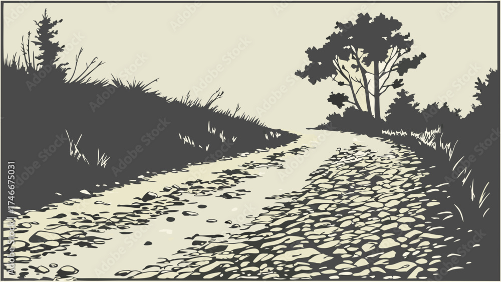 Fototapeta premium Stone path leading through nature serene landscape illustration vector art stylized artwork.