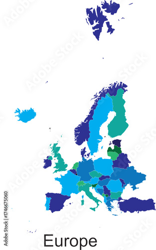 Colorful Flat Map of Europe – European Continent, Vector, Editable, Isolated, Political and Geographic Map