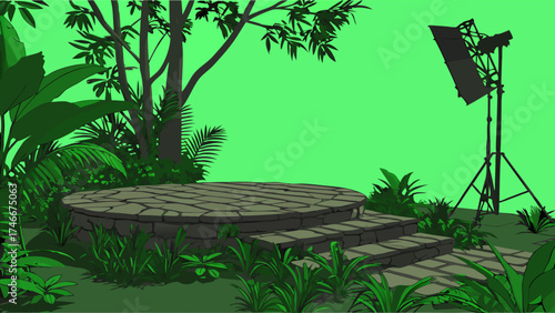 Stone Platform with Tropical Foliage and Studio Lighting Setup for Product Placement or Video Production.