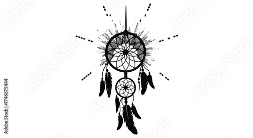 Dreamcatcher with radiating lines and feathers, symbolizing protection and good dreams.