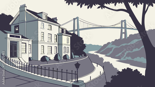 Stylish House by the River with Suspension Bridge in Background.