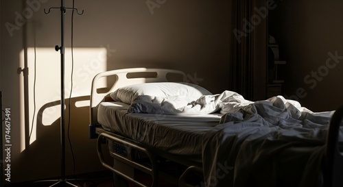 Empty hospital bed with a transfusion stand left unused, dramatic side lighting
