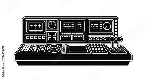 Futuristic control panel with multiple screens and buttons, evoking technology and innovation.