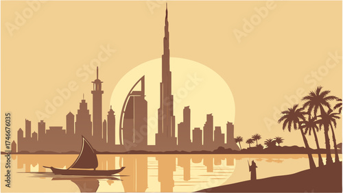 Stylized Cityscape Silhouette at Sunset with Boat and Palm Trees.