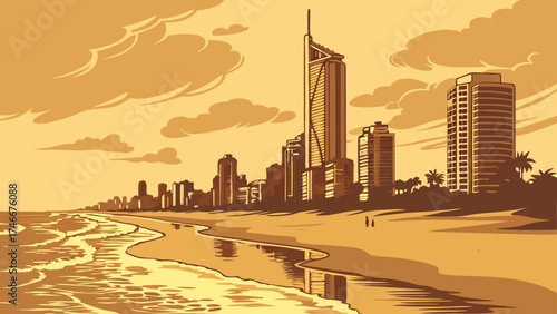 Stylized coastal city skyline at sunset beach ocean waves high-rise buildings palm trees summer vacation tropical paradise seaside resort urban landscape architectural design vector art.