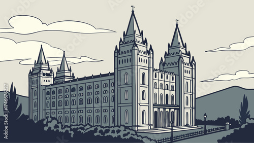 Stylized Illustration of a Grand Religious Building with Towers and Landscaping under a Cloudy Sky.