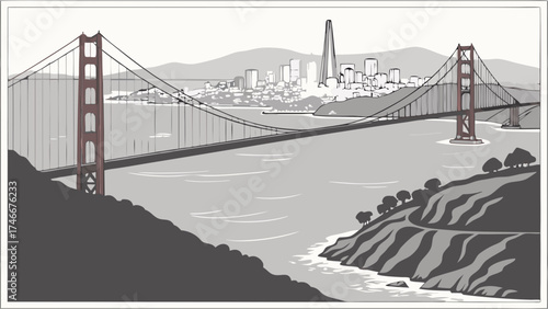 Stylized illustration of a suspension bridge and cityscape monochrome design.
