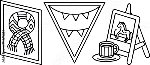 Charming linear art collection: framed scarf, pennant banner, horse painting on easel with coffee cup, evokes cozy, creative, simple living