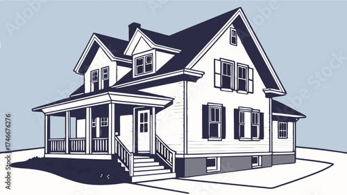 Suburban House Illustration Two-Story Home Drawing Family House Design Real Estate Graphic Home Exterior Classic House Architecture Residential Building Illustration Vintage House Style H.