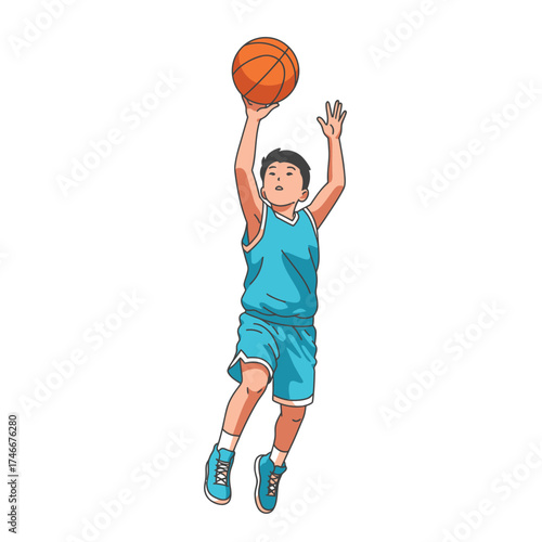 A young boy in a vibrant blue uniform leaps gracefully, mid-air, to shoot a bright orange basketball, showcasing youthful energy and athletic determination.