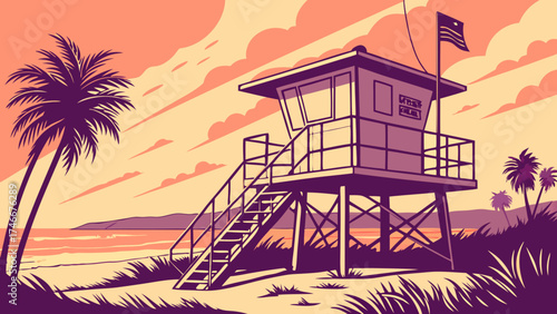 Summer beach scene with lifeguard tower and palm trees at sunset.