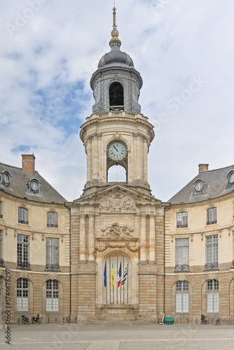 Rennes city hall and belfry, historical heritage monument in baroque architecture style. France 