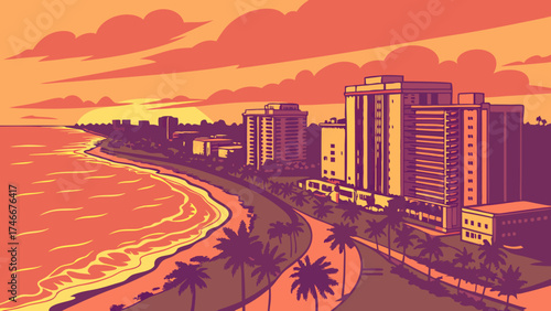 Sunset Coastal Cityscape Oceanfront Buildings Tropical Palm Trees Warm Evening Colors Summer Vacation Beachfront Property Holiday Destination Seaside Resort Coastal Architecture Evening.