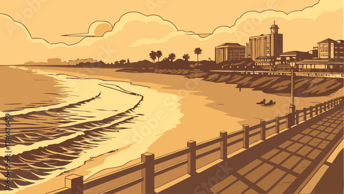 Sunset Coastal Scene Ocean View Beach Promenade Buildings Palm Trees Waves.