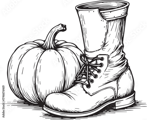 An artistic rendering of a sturdy boot and a vibrant pumpkin in a monochrome, capturing the essence of autumn.