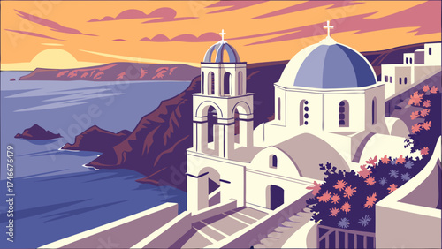 Sunset over coastal church with bell tower and ocean view.